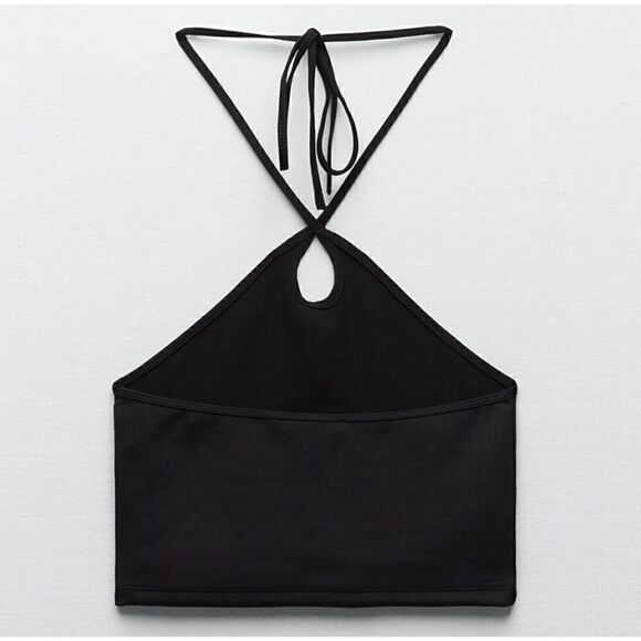 NWT Zara Ribbed Keyhole Crossed Halter Crop Top in Black, Size Medium - Picture 8 of 14